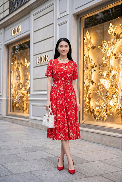 Wild Love Γυναικείο βαμβακερό καλοκαιρινό μίντι φόρεμα με κόκκινο φλοράλ σχέδ...