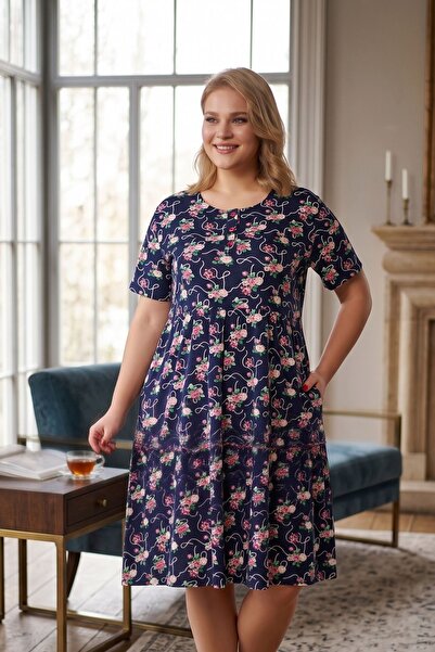 ROMEO LİFE Γυναικείο φόρεμα με μοτίβο από βαμβακερό ύφασμα μεγάλου μεγέθους 7507