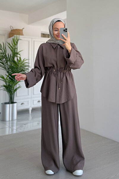 Ka Hijab Σετ με λεπτομέρεια με κορδόνια casual - καφέ