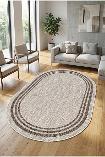 VOPTEKS Oval Bej Halı Salon Halısı Makinede Yıkanabilir Halı Kaymaz Taban Halı
