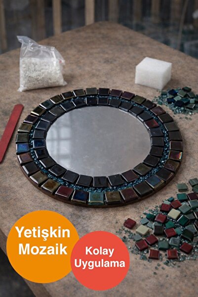 28x28cm Yuvarlak Pleksi Aynalı Yetişkin Mozaik Set (Başlangıç Seviye) Metalik Koyu Mavi