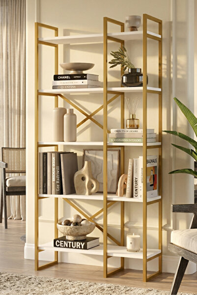 Yurudesign Voyage Gold Metal Kitaplık 5 Raflı 2 Bölme 175cm Beyaz Vg4-w
