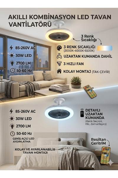 Senipa Vantilatör Dimlenebilir 3 Renk Led Işıklı 3 Kademe Hız Kumandalı Sabit...