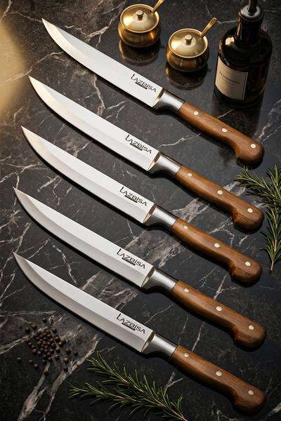 LAZBİSA Hand Craft Mutfak Bıçak Seti Et Ekmek Sebze Meyve Doğrama Bıçağı 5 Li...