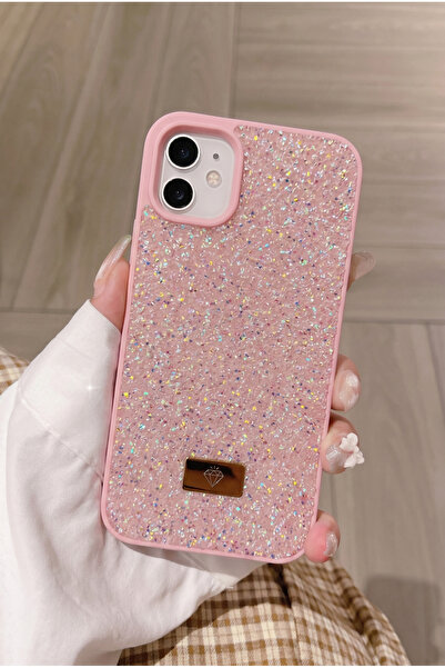 KVK PRİVACY iPhone 12 / 12 Pro Uyumlu – Elmas Tasarımlı, Pembe Taşlı, Işıltıl...