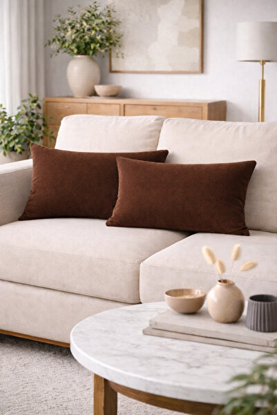 BURCIN HOME طقم غطاء وسادة بني مقاس 30 × 50 سم، مكون من قطعتين، غطاء وسادة مس...
