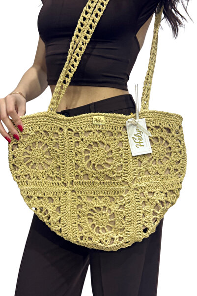 Helybag El Yapımı Örgü Tote Çanta – Kağıt İp Omuz Çantası, Bohem Yaz Plaj Çan...