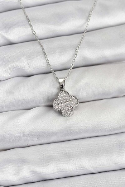 Epilons 316L Steel Chain Silver Color Zircon Stone Clover Model Women's Neckl...