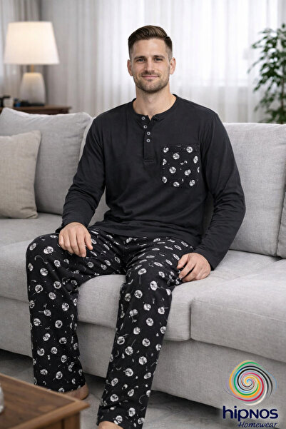 Hipnos Moonphase %100 Cotton Soft-Textured Long Sleeve Relaxed Cut Men's Pajama Set