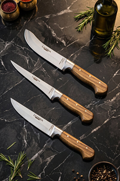 LAZBİSA Hand Craft Mutfak Bıçak Seti Et Ekmek Sebze Bıçağı 3 Lü Set Günlük Ku...