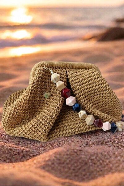 BORSA MİNİ NATURAL KAHVE HASIR GÖRÜNÜMLÜ EL ÇANTASI