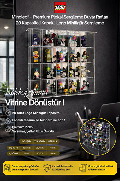 Minoleo 20’li Kapaklı Pleksi Duvar Rafı – Lego Minifigür Uyumlu – Premium Ser...
