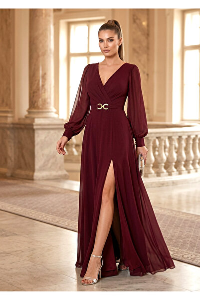 FaBe Fashion KRUVAZE YAKA UZUN KOLLU BELİ TOKALI YIRTMAÇLI ŞİFON NİKAH VE DIŞ...