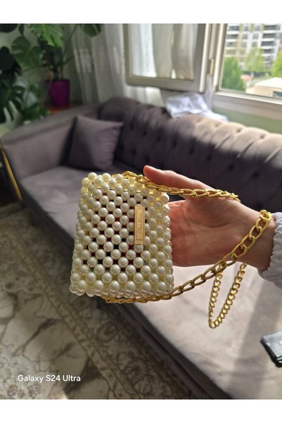 MİRİ SHOOP Handmade Beaded Elegant Women's Bag – White & Gold Detailed