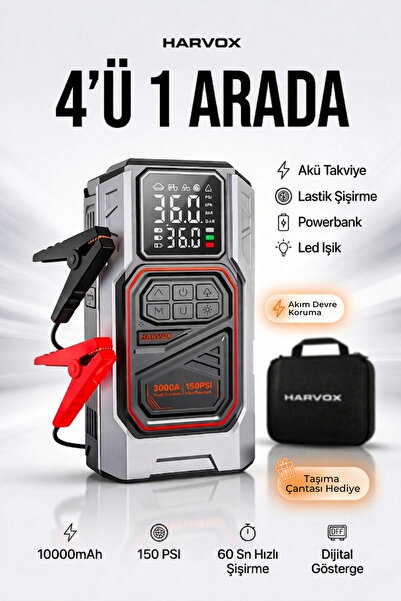 HARVOX Taşınabilir Akü Takviyeli Hava Kompresörü Şarjlı Powerbankli Göstergel...