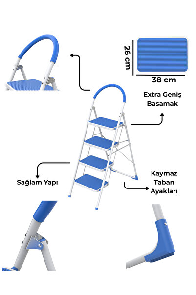Asil 4 Basamaklı Metal Katlanır Mavi Merdiven | Kaymaz Geniş Basamaklı, Tutma...