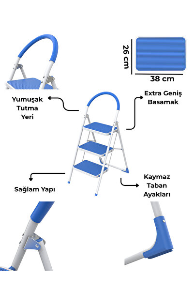 Asil 3 Basamaklı Metal Katlanır Mavi Merdiven | Kaymaz Geniş Basamaklı, Tutma...