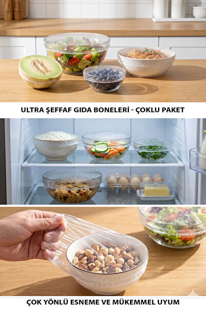 Soillium 100'lü Esnek Lastikli Tabak Bonesi Gıda Saklama ve Tazelik Koruma İçin Gıda Bonesi Taze Tutan Streç