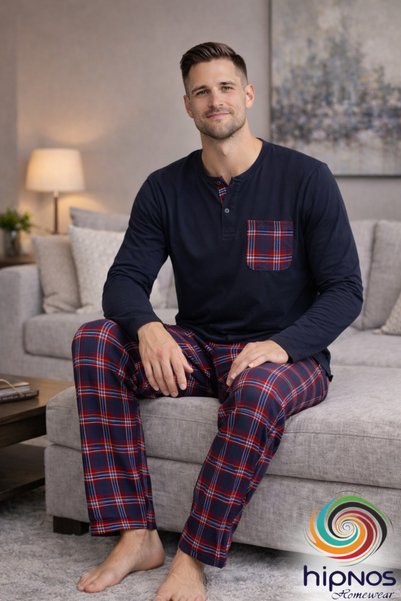 Hipnos %100 Cotton Soft-Textured Long Sleeve Relaxed Fit Plaid Men's Pajama Set