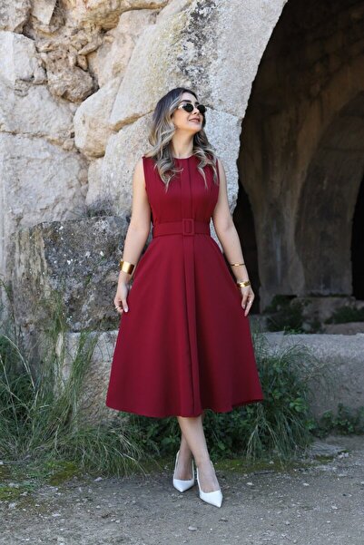 bytugcekaya Βουργουνδία Aller Λεπτομερές Φόρεμα με Ζώνη