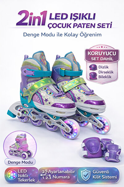 YILDIRIM OYUNCAK 2in1 LED Işıklı Deniz Kızı Çocuk Pateni + Koruyucu Set (Dizl...