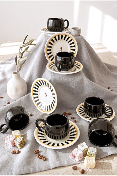 Erbaşlar Love Bırd Siyah Seri Tombul 12 Parça Lüx Seramik Tombul Kahve Fincan...