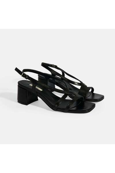Desa Black Women's Leather Heeled Sandals with Buckle Accessories