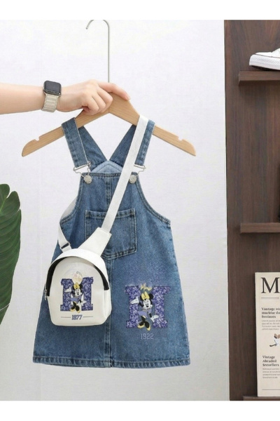 Mişsa Bebe Printed Girls' Blue Denim Gilet Dress