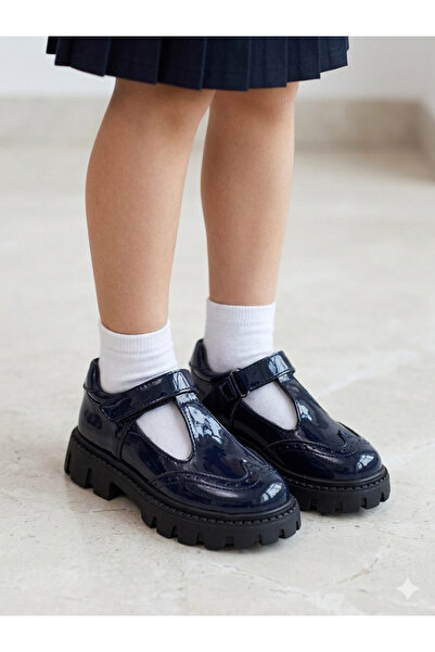 nuh kids Mornarsko plave lakirane kožne školske cipele za devojčice sa debeli...