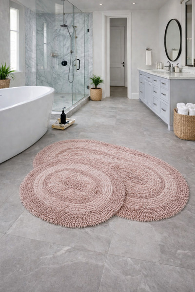 AVANTAJ Macoroni Oval Pudra 2'li Banyo Paspası Seti Doğal Pamuklu Banyo Halıs...