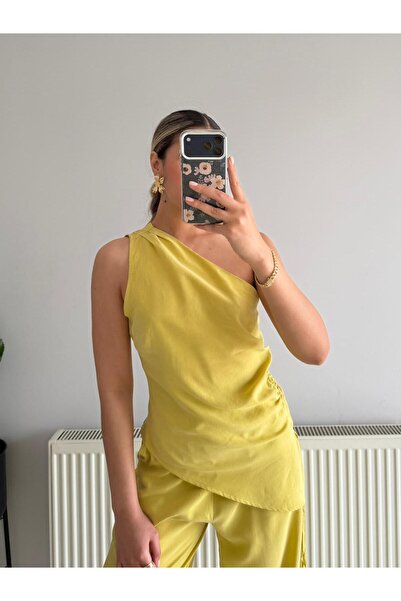 Güneş Σετ Ασύμμετρης Μπλούζας με Έναν Ώμο & Παντελόνι Παλάτσο – Cles Couture