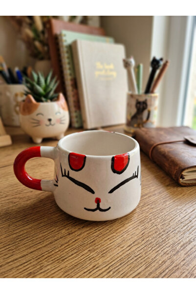 NİVRA GRUP Handmade Red Handle Mug – Hand Embroidered Cute Cat Pattern 190ml....