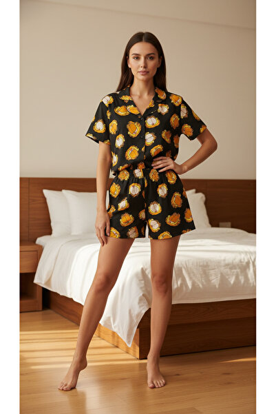 GİYDİNGİYDİN Kadın Siyah Garfield Desenli Kısa Kol Gömlek Şort Pijama Takımı