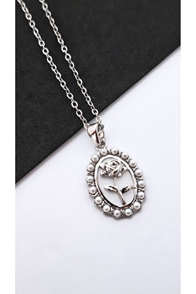 Serenity Rose Patterned Enamel Steel Necklace with Pearls Around