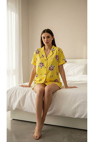 GİYDİNGİYDİN Kadın Sarı Desenli Kısa Kol Gömlek Şort Pijama Takımı