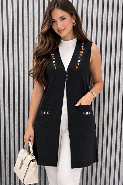 Özenli Triko Steel Mesh 3-Button Colorful Floral Embroidered Slit Mother's Tu...