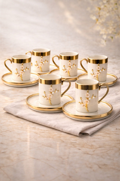 YzHome 2 Kişilik Lüks Beyaz Gold Yaldızlı İnci Lotus Dallı Kahve Fincan Takımı Seti 100ml