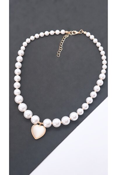 Serenity Heart White Mother of Pearl Figured Lacquer Coated Pearl Necklace