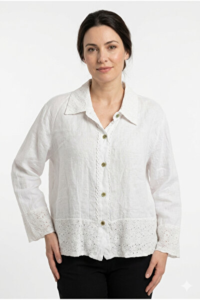 della moor Women's White Italian Lace Detailed Oversize Linen Shirt Size 38 - 44