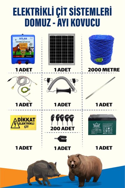 ATLAS ÜRÜNLERİ 2000mt 25-100 Dönüm Domuz Kovucu Elektrikli Çit Sistemi 14A Ak...