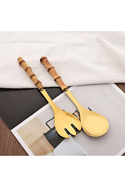 Kitchen Dream Bambu Ahşap Saplı Salata Kaşık Çatal Seti Paslanmaz Çelik Servi...