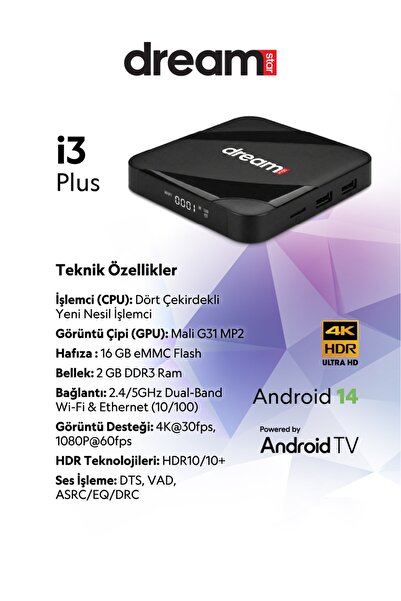 Dreamstar i3 Plus | Android TV Box | Android 14 | Sesli Komut Desteği | 6K Ultra HD | WiFi | HDMI Kablo Hediye