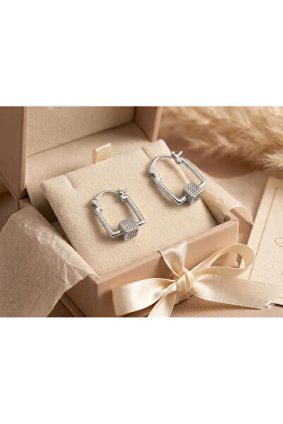 Siya Silver Özel Seri Zirkon Taşlı Küp Detaylı Dikdörtgen Çelik Küpe - 1,7 cm