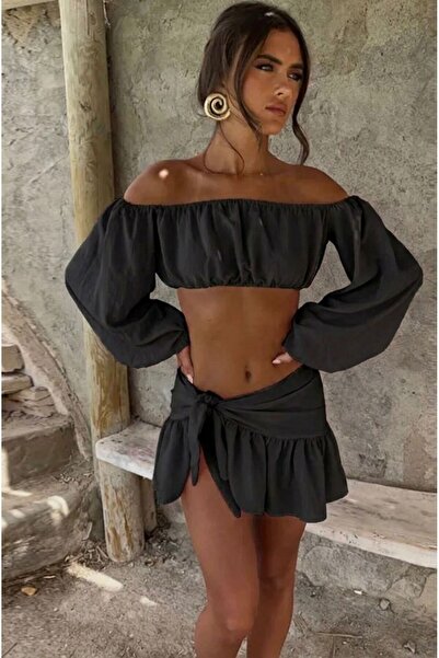 World Fashion Trends Μαύρο λινό σετ με λεπτομέρεια off-shoulder, φούστα με δέ...