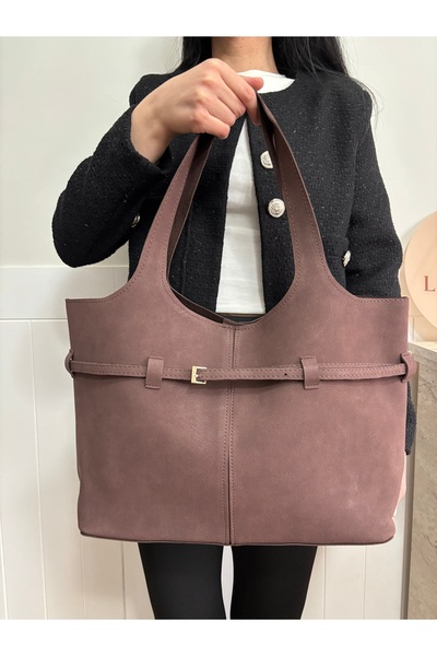 Women Acıkahve Lilac Model Suede Shoulder Bag with Puppy Belt Detail