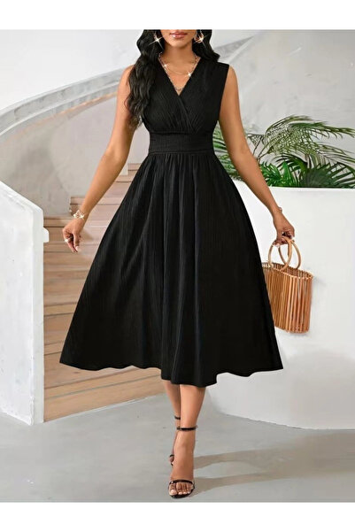 Butik Women's Strappy Double-Breasted V-Neck Dress with Elastic Waist