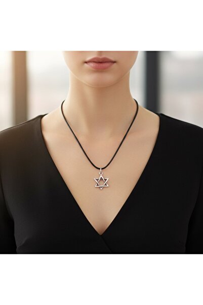 Alooya Minimal Pentagram Gümüş Kaplama Deri İp Kolye