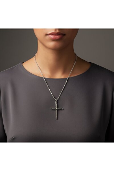 Alooya Çivili Haç Gümüş Kaplama Örme Zincir Kolye