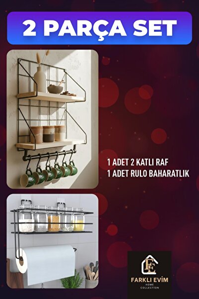farklı evim 2 Parça Banyo Mutfak Organizer Set 2 Katlı Raf Rulo Havluluk Duva...