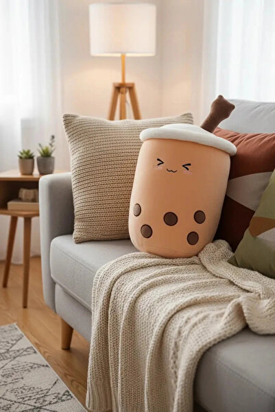Miniso Lisanslı Sütlü Çay Peluş Yastık – Bubble Tea Tasarımlı Yumuşak Dekorat...